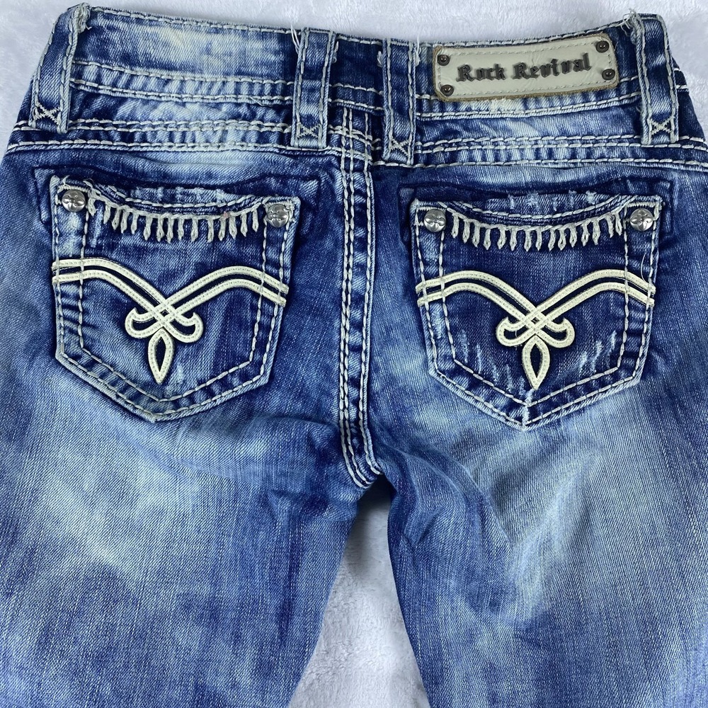 Rock Revival Jeans Women Sz 25 Acid Distressed Embroidered Pockets Bootcut
